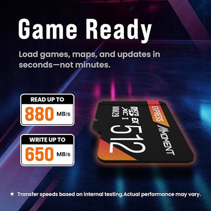 MMOMENT 512GB Micro SD Express Card for Nintendo Switch 2, PCIe Gen3x1, MM29 Model, Up to 880MB/s Read and 650MB/s Write Speed, Black/Orange, Water Resistant Gaming Memory Card