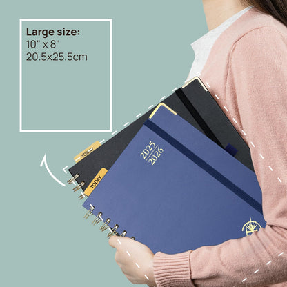 POPRUN Monthly Planner 2025-2026 Spiral Hardcover (8'' x 10''), 18 Months Calendar (Jul.2025 - Dec.2026)- 2 Pages per Month with Dotted Note Pages, Sunday Start, Laminated Tab - Navy Blue