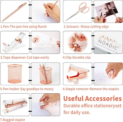 Rose Gold Desk Accessories, Office Supplies Set with Acrylic Stapler, Tape Dispenser, Staple Remover, Pen Holder, Scissor, Binder Paper Clips, 1 Ballpoint Pen, 1 Clear Tape and 1000pcs Staples