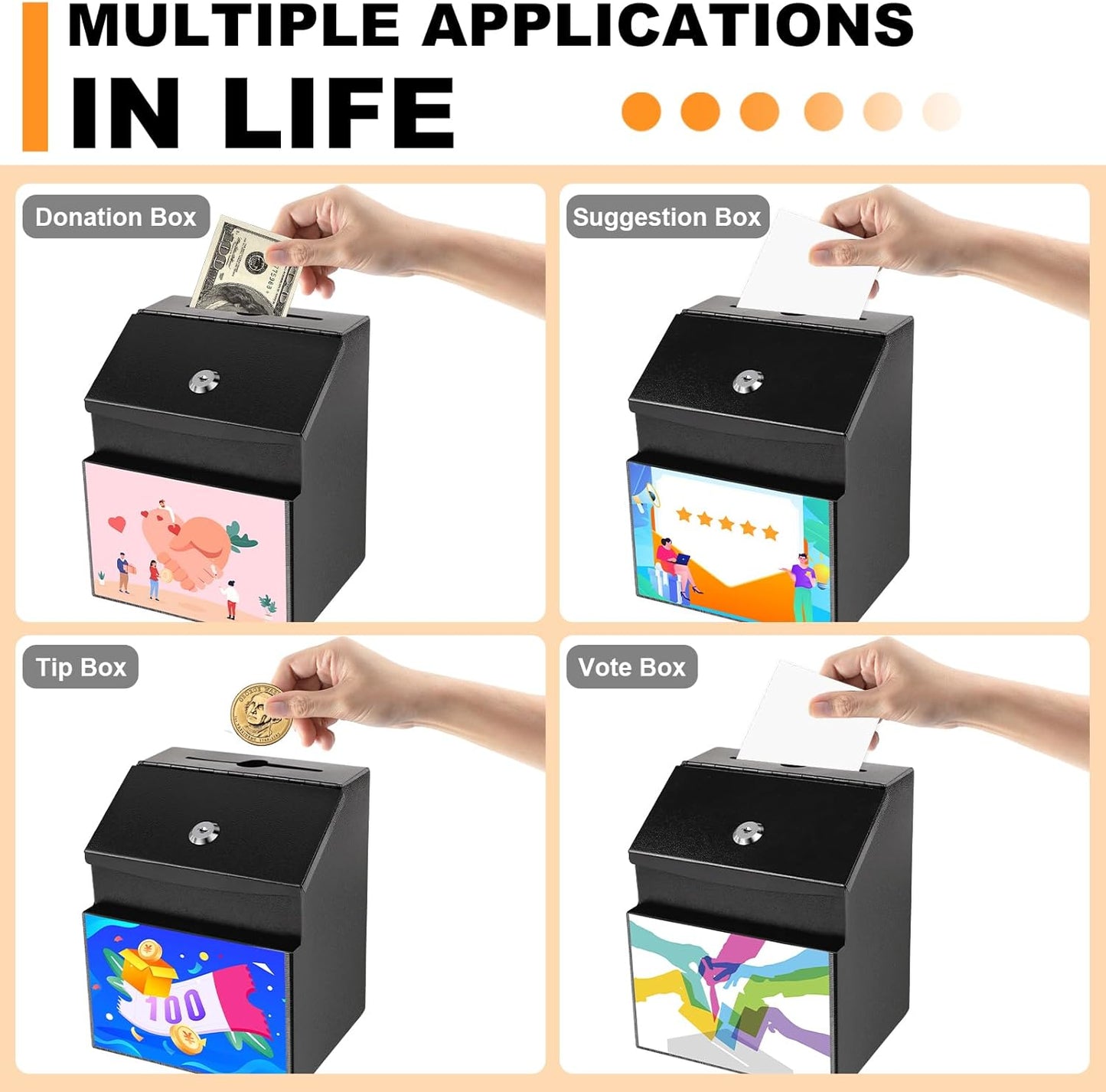 Suggestion Box with Slot and Lock Metal 8.4 x 5.8 x 7.0 inch Built-In Storage Compartment with Magnetic Sign Holder 50 Suggestion Cards Tip Jar Ballot Voting Prayer Comment Mailbox Teacher