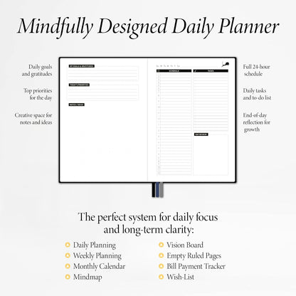 Daily Planner, Calendar & Life Organizer to Improve Time-Management, Productivity & Happiness | Vegan Leather Hardcover Notebook with Blank Dates, Undated 6 Months Hourly Planner for Men & Women, 24 Hour Agenda (Black)