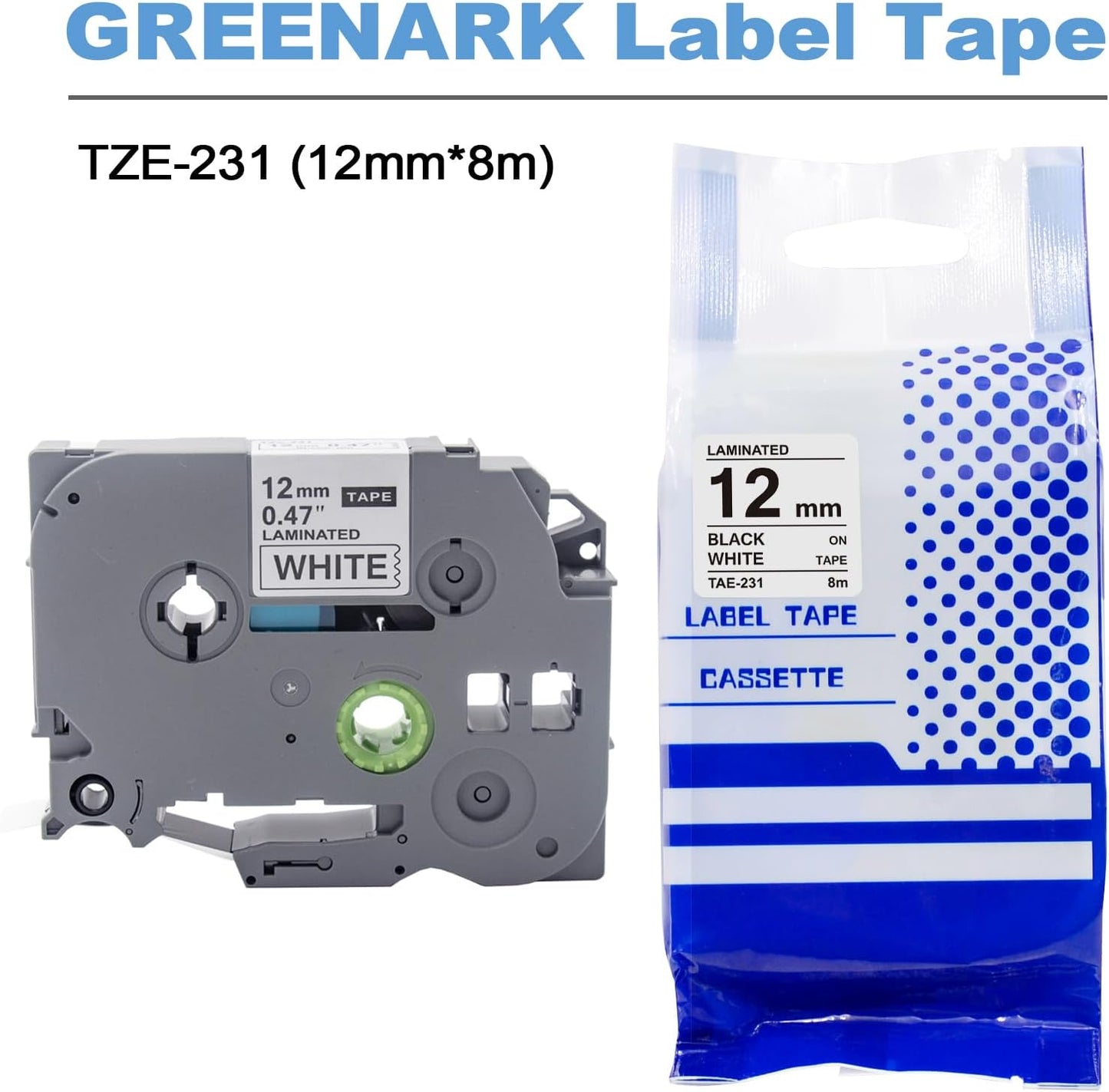GREENARK Compatible TZe-231 label tape TZe231 TZ TZE 231 Replacement for Brother Black on White Replacement for Brother P-Touch P Touch Label Maker PT-J100 PT-J100W PT-120 PT160 etc (12mm x 8m),4-Pack