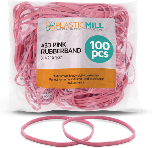 PlasticMill Pink Rubber Bands Size 33 (3 1/2" x 1/8") - #33 Colored Rubber Bands Office Supplies - Strong, Elastic Bands for Crafts, Balloon Garland, Cash, File Folders (100-Pack)