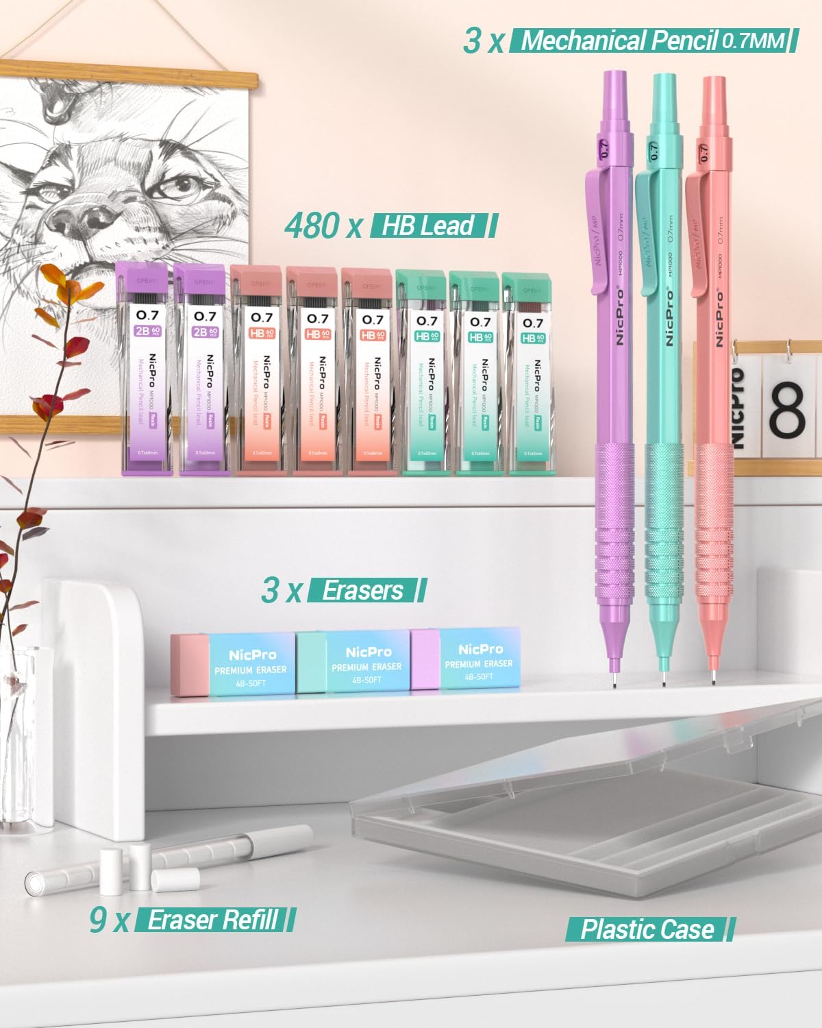 Nicpro 0.7 mm Metal Mechanical Pencil Set, 3PCS MP1000 Artist Lead Pencils With 480PCS HB 2B Lead Refills, Erasers, Pastel Aesthetic Mechanical Pencils for School Supplies Writing Drawing Sketching