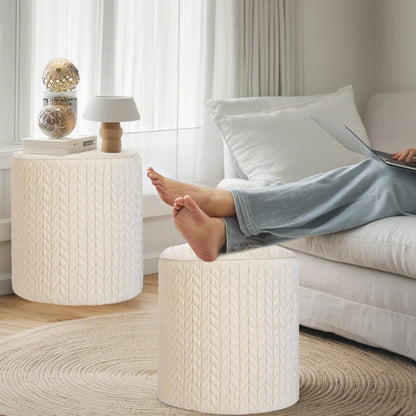 Modern Round Ottoman 2Pcs, Braided-Tufted Foot Stool Ottoman, Velvet Upholstered Vanity Stool for Makeup, Bedroom, Living Room, White