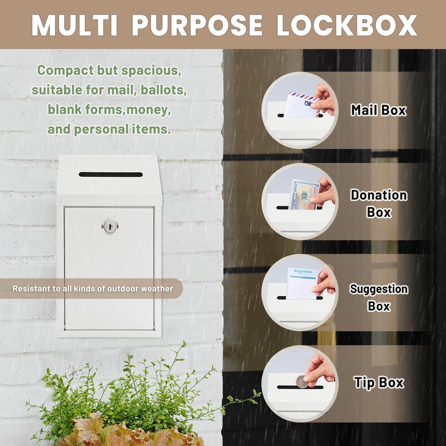 Metal Donation Money Cash Drop Box with Lock and Slot Suggestion Box Wall Mounted Ballot Container Mailbox Delivery for Home Office (White, 10.24″ x 5.71″ x 2.95″)