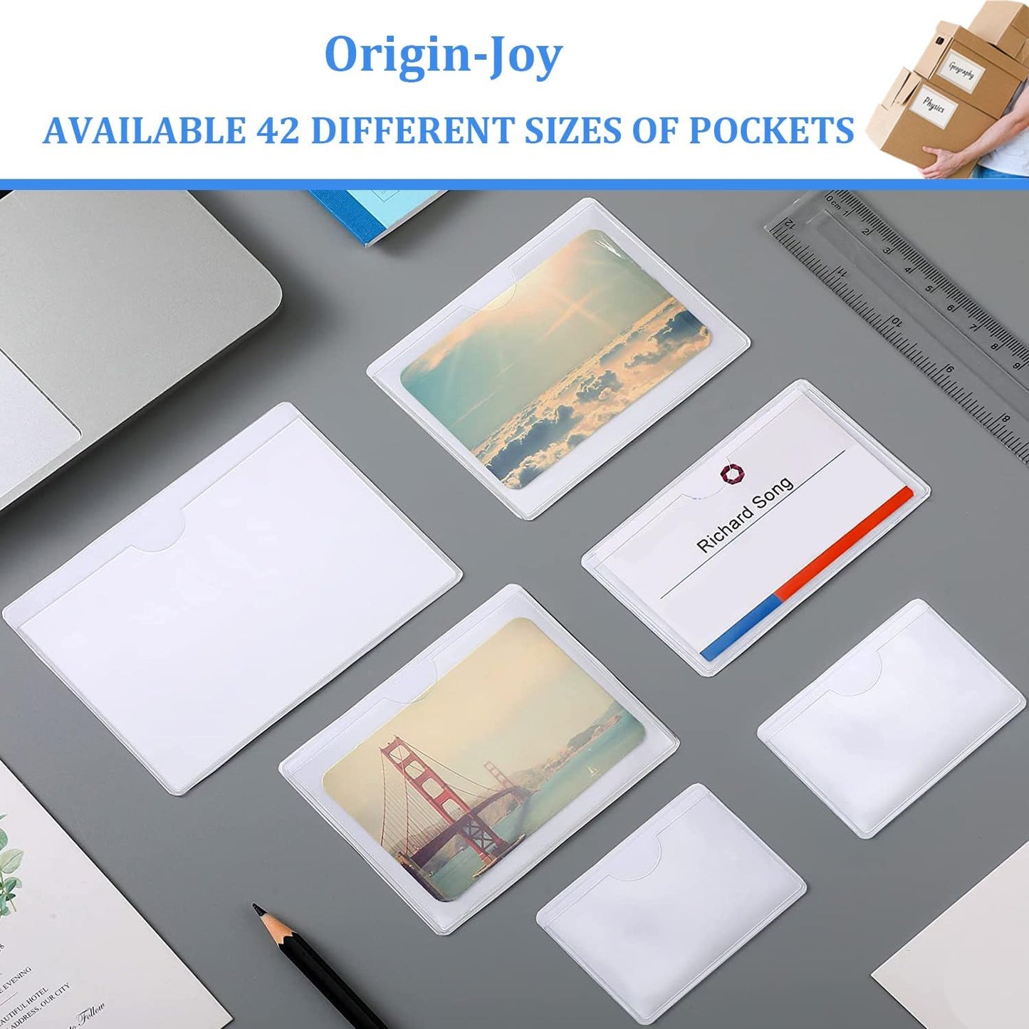 Origin-Joy 35 PCS Self Adhesive Index Card Pockets with Top Open, Clear Plastic Label Holder for Cards of Note, Library and Business, Adhesive Label Pockets & Card Holder (2 x 3.5 inch)