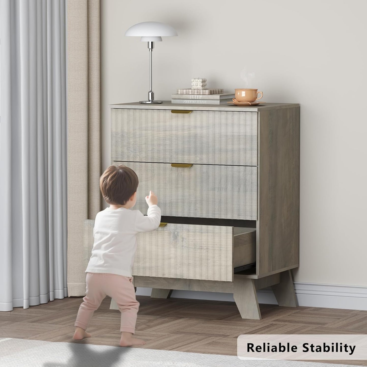 Fluted 3 Drawer Dresser, 30.3" Tall Compact Modern Boho Chest of Drawers, Wooden Storage Cabinet for Bedroom, Living Room, Entryway, Curved Profile Design