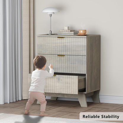 Fluted 3 Drawer Dresser, 30.3" Tall Compact Modern Boho Chest of Drawers, Wooden Storage Cabinet for Bedroom, Living Room, Entryway, Curved Profile Design