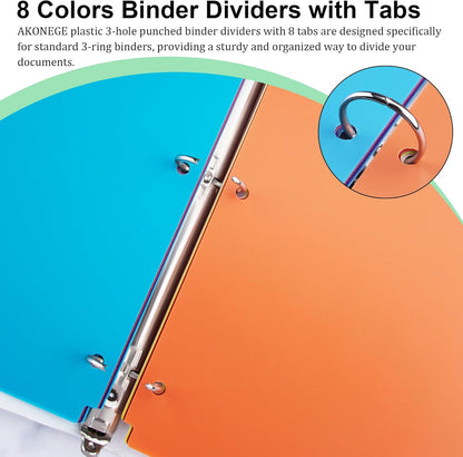 24PCS/3 Set Binder Dividers with Tabs, 8-Tab Dividers for 3 Ring Binder, 3-Hole Punched Letter Size Plastic 3 Ring Binder Dividers for School Office Home Document Organizer, Multicolor