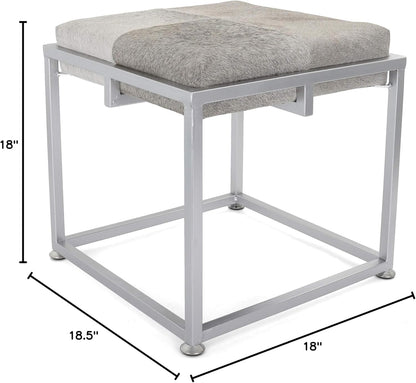 Rutledge & King Cowhide Ottoman/Vanity Stool - Square Ottoman Stool - White Ottoman/Grey Ottoman Foot Rest - Cowhide Grey & White Stool - Gold Stool - Cow Ottoman - Cow Fur Stool (Silver)