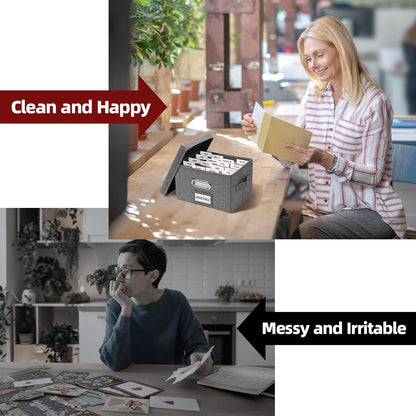 Greeting Card Storage Box, Linen Storage Box with 32 Adjustable Dividers, 168 Labels, 2 Marker Pen, Perfect for Organizing Greeting Cards, Envelopes, Photos 2 Pack Grey