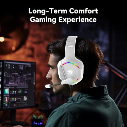 Gaming Headset with Microphone for Pc, Xbox One Series X/s, Ps4, Ps5, Switch, Stereo Wired Noise Cancelling Over-Ear Headphones with Mic, RGB, for Computer, Laptop, Mac, Nintendo, Gamer (White)