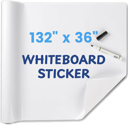 Whiteboard Sticker for Wall, 132" x 36" (11x3 FT) Peel and Stick Dry Erase White Board Roll, Stain-Proof Self-Adhesive Whiteboard Paper for Home, Office, Classroom