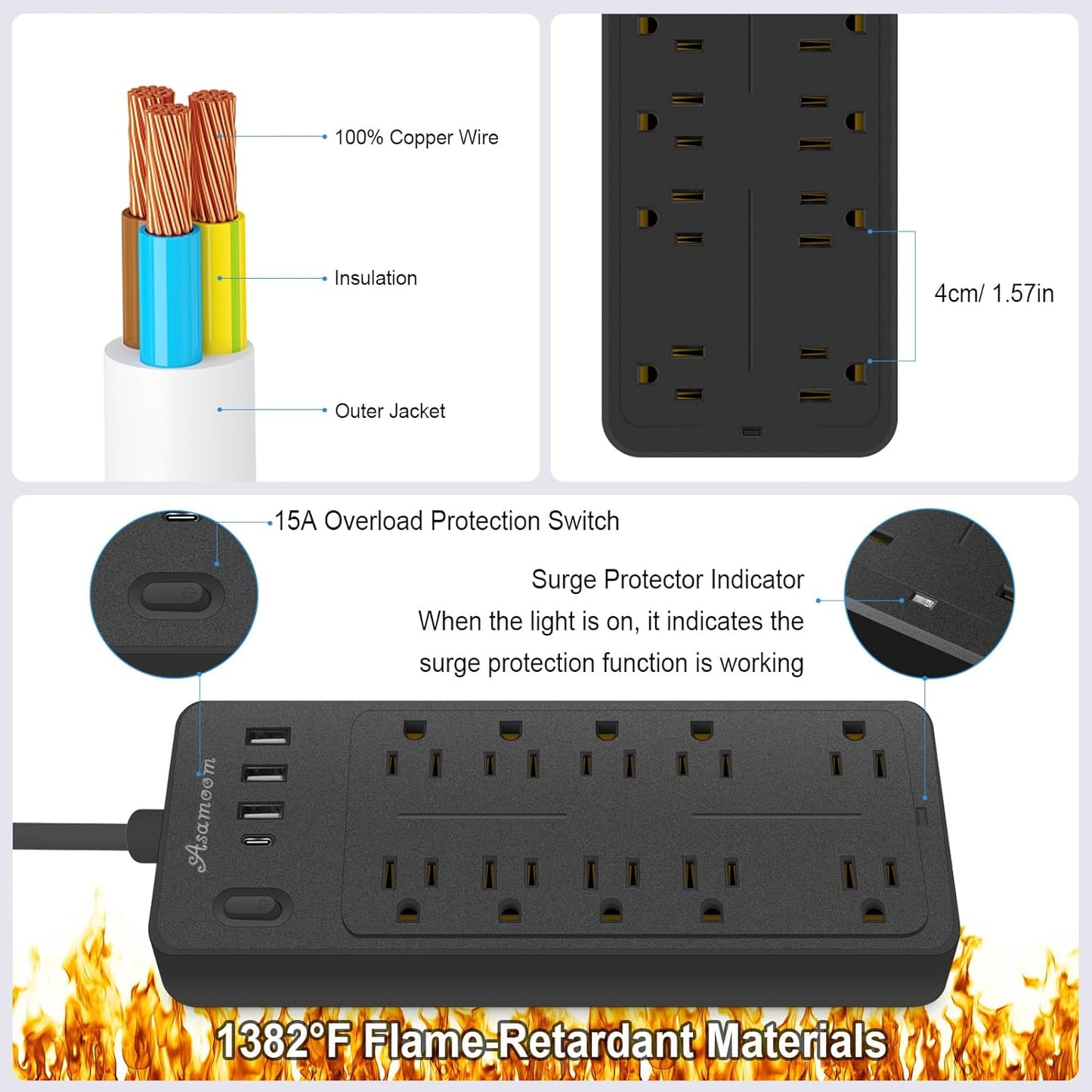 25 FT Power Strips with Surge Protection 1625W/13A,10 Outlets with 4 USB Ports (1 USB C) Long Extension Cord with Multiple Outlets 14-in-1 1700J 16Awg Flat Plug Power Strip Protector Black ETL Listed