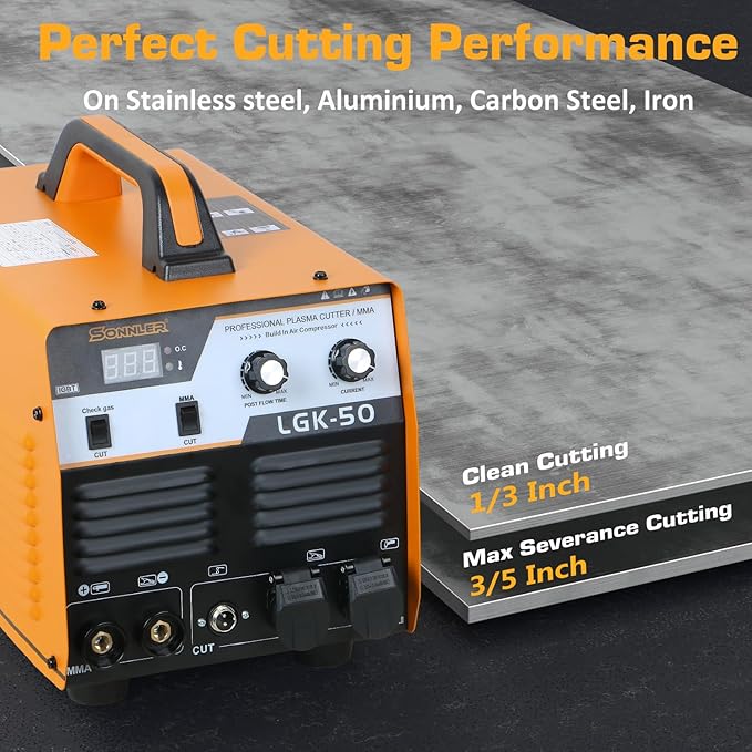 2 in 1 50A Plasma Cutter/MMA, 220V Digital Inverter IGBT Plasma Cutter Machine With Built-in Air Compressor, 1/3 Inch Clean Cut With Gas Delay.