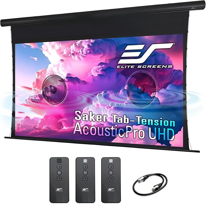 Elite Screens Saker Tab-Tension AcousticPro UHD Series, 150-INCH Diagonal 16:9, 4K/8K Ultra HD Electric Sound Transparent Perforated Weave Drop Down Front Projector Screen, SKT150UH2-E12-AUHD