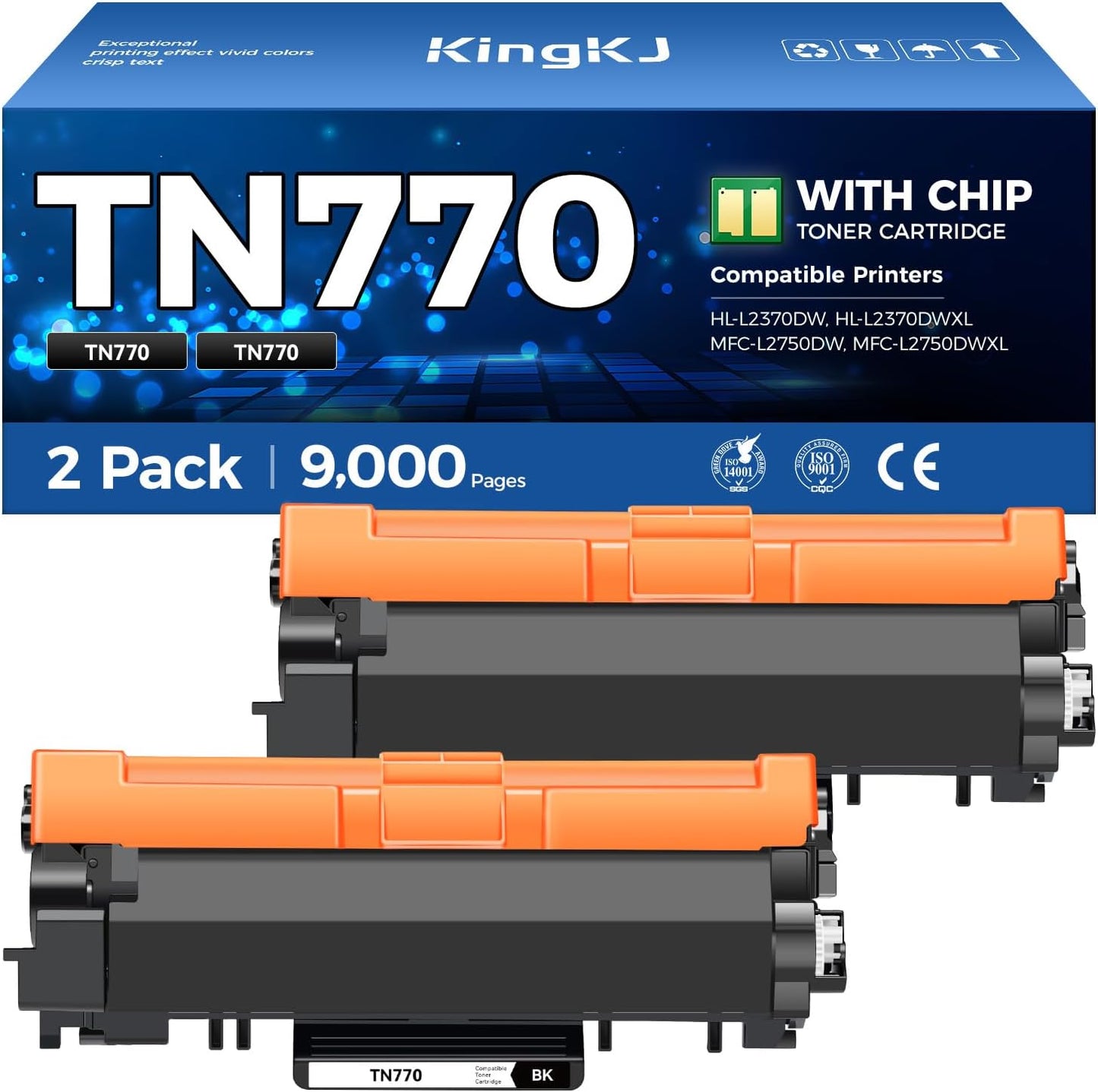 TN770 Black Toner Cartridge High Yield 2-Pack with chip Replacement for Brother TN-770 TN770 770 Toner Compatible with Brother HL-L2370DW HL-L2370DWXL MFC-L2750DW MFC-L2750DWXL Printer Ink All-in-One