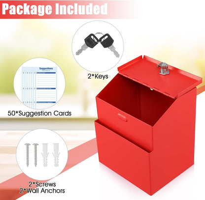 KYODOLED Suggestion Box with Lock and 50 Free Suggestion Cards, Metal Wall Mounted Ballot, Donation and Collection Key Drop Box with Slot & 2 Keys, 8H x 5.7W x 7L Inch, Red
