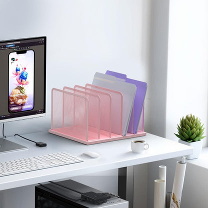Kuntine.B Desk File Organizer Upright Mesh Desktop Organizer File Sorter Office Organization File Holder for Home, Office & Classroom (Pink, 1 Pack 5-Section)