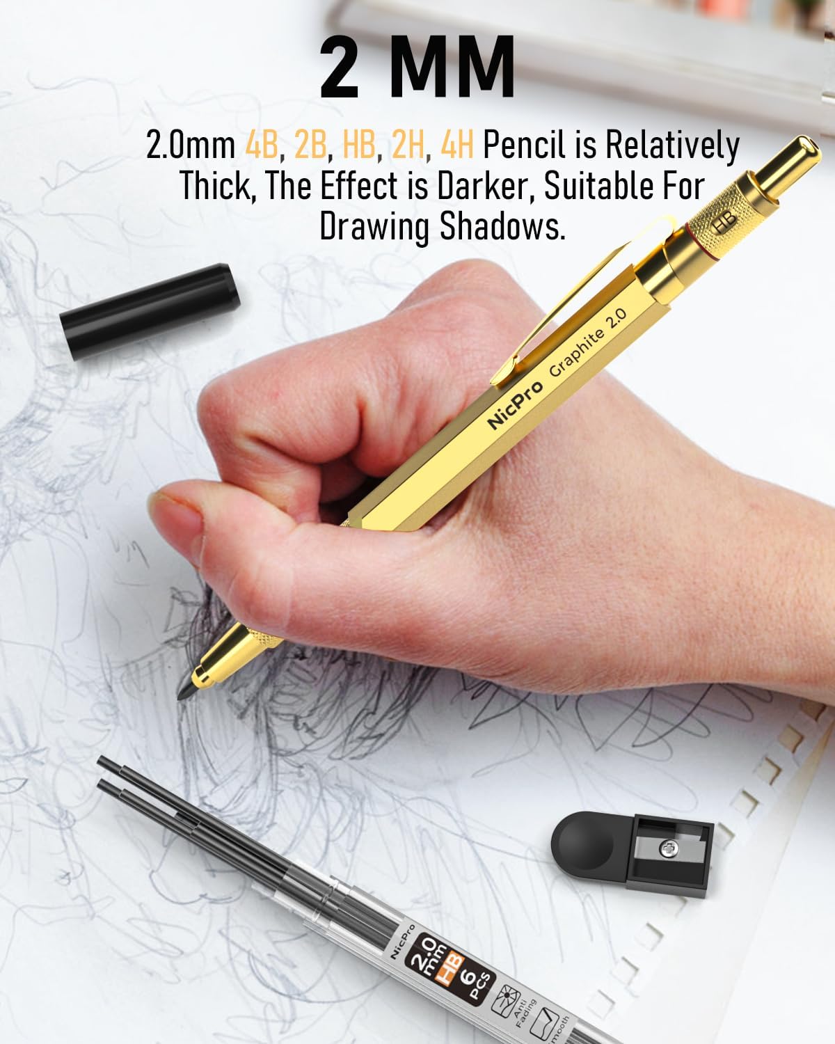 Nicpro 30PCS Art Mechanical Pencils Set in Leather Case, Gold Metal Drafting Pencil 0.5, 0.7, 0.9 mm, 2mm Lead Pencil Holder for Sketching Drawing With 16 Tube (6b 4B 2B HB 2H 4H Colors) Lead Refill
