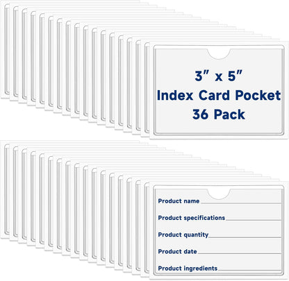 36Pcs Adhesive 3" x 5" Index Card Pockets, Clear Label Holders with Top Open for Loading, Plastic Pocket Sleeves for Organizing Storage Bins, Library Cards, Shelves