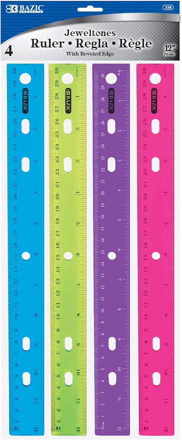BAZIC Jeweltones Color Plastic Ruler 12" (30cm), Inches Centimeter Metric Measuring Drafting Rulers, for Students School Supplies (4/Pack), 1-Pack