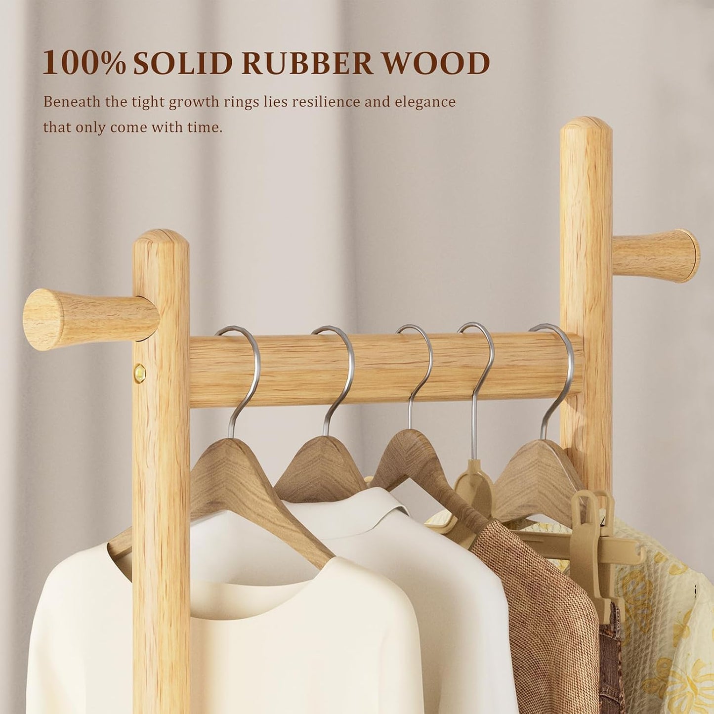 Coat Rack Freestanding Clothing Rack with Wheels & 2 Shelves Storage & 5 Hooks Heavy Duty Clothes Rack Wood Coat Tree Stand Hat Hanger Rack for Corner Bedroom Entryway Living Room Hotel