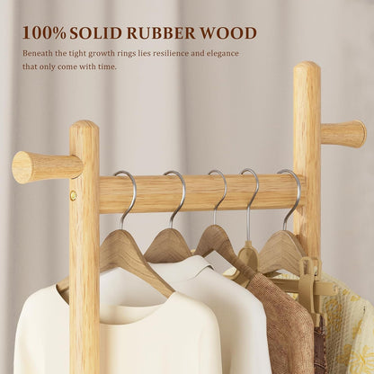 Coat Rack Freestanding Clothing Rack with Wheels & 2 Shelves Storage & 5 Hooks Heavy Duty Clothes Rack Wood Coat Tree Stand Hat Hanger Rack for Corner Bedroom Entryway Living Room Hotel