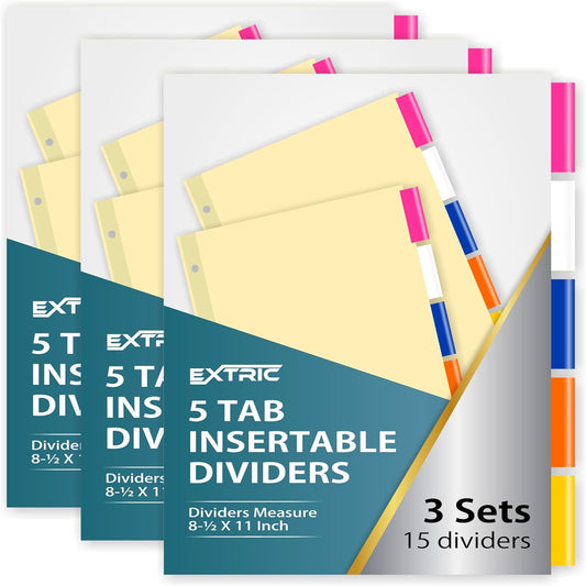 5-Tab Binder Dividers for 3 Ring Binder, Insertable Multicolor Big Tabs, Letter Size Paper Divider, 8.5 x 11 inch, 3 Sets (15 Dividers Total)