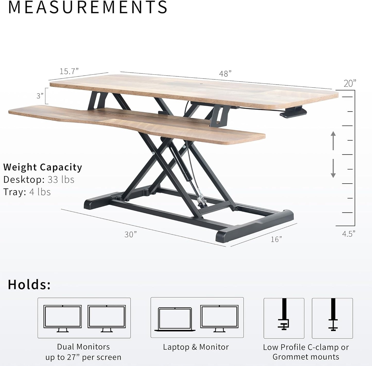 VIVO 48 inch Desk Converter, K Series, Height Adjustable Sit to Stand Riser, Dual Monitor and Laptop Workstation with Wide Keyboard Tray, Reclaimed Wood Top, Black Frame, DESK-V048KP