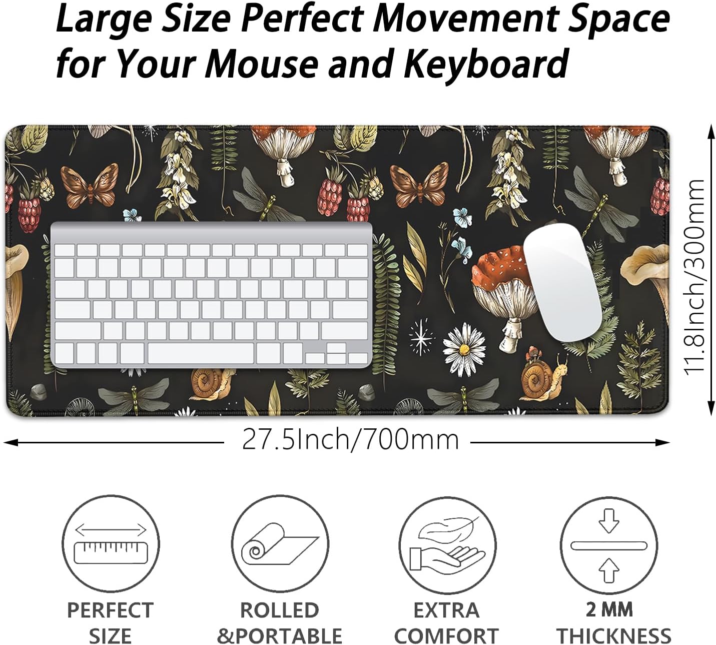 Plant Mushroom Desk Pad Mouse Pad,Large Black Aesthetic Mouse Mat with Stitched Edges,Non-Slip Rubber Base Mousepad for Office PC Keyboard Laptop and Home Work Desk Mat(27.5X11.8 in)