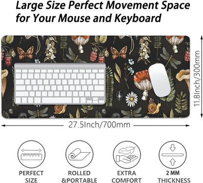 Plant Mushroom Desk Pad Mouse Pad,Large Black Aesthetic Mouse Mat with Stitched Edges,Non-Slip Rubber Base Mousepad for Office PC Keyboard Laptop and Home Work Desk Mat(27.5X11.8 in)