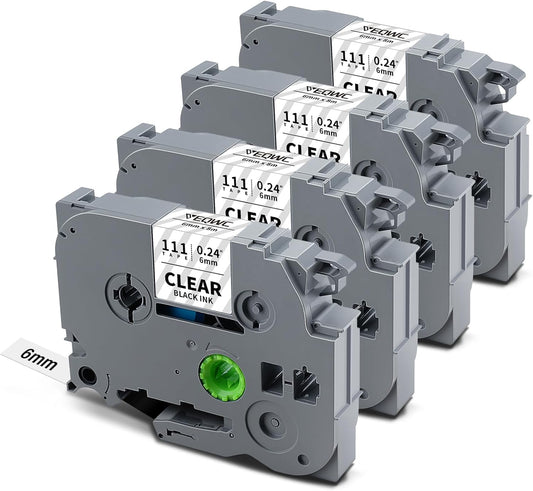 6mm 0.23 Laminated Clear Label Tape Tz-111 TZ Tape Compatible for Brother P-Touch Tze-111 1/4" Tze Label Refills Work for Ptouch Label Maker PT-D220 PT-D210 PT-H110 PT-D400, Black on Clear, 4-Pack