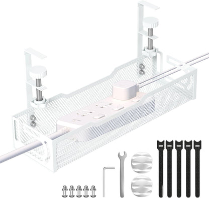 Under Desk Cable Management Tray, No Drill Mesh Desk Cable Tray, Wire Management Tray Cable Management Rack, Wire Organizer and Cable Management Box (White)