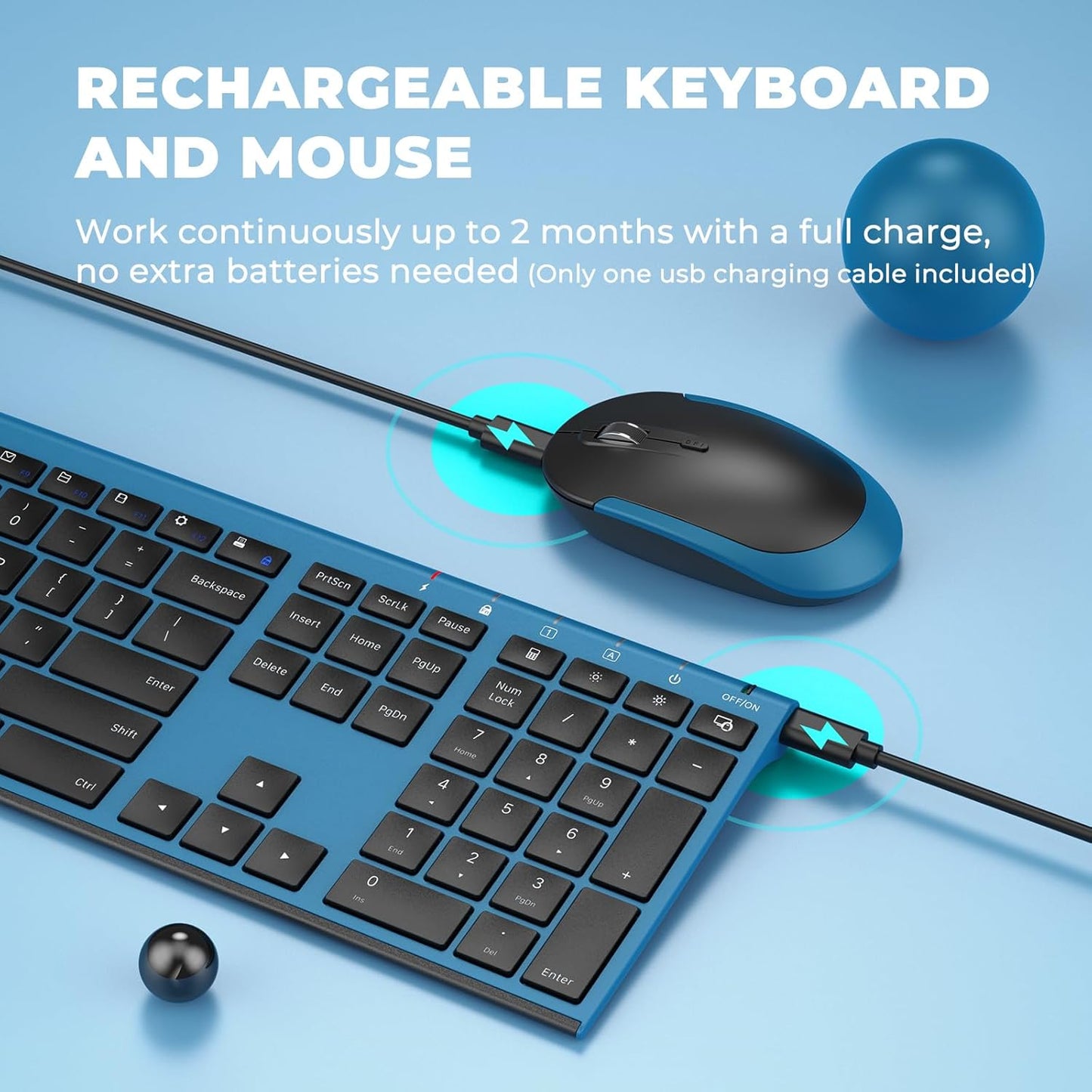 Wireless Keyboard and Mouse, Vssoplor 2.4GHz Rechargeable Quiet Full-Size Keyboard and Mouse Combo with Nano USB Receiver for Windows, Laptop, PC, Notebook-Black and Blue