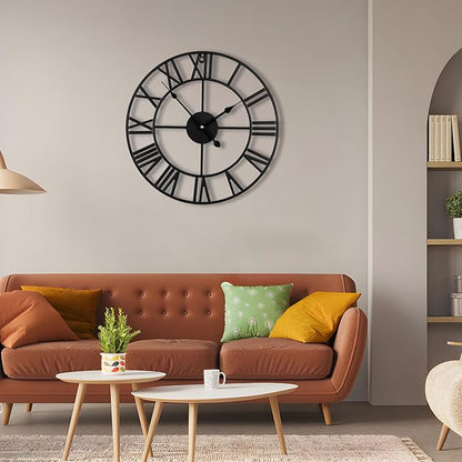 24inch/60cm Large Wall Clocks for Living Room Decor,Vintage,Modern,Round,Silent,Non Ticking,Black Wall Clock for Home,Garden,Office,Cafe Decoration(Iron Roman Numerals, 24 inches)