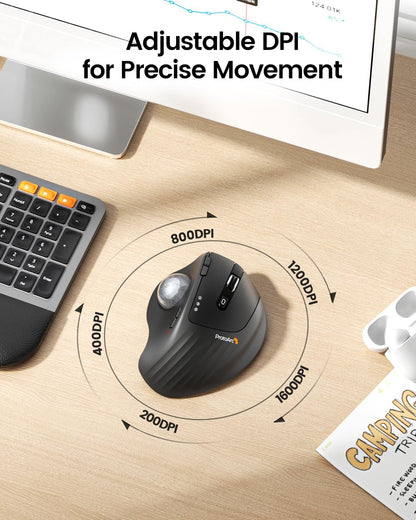 ProtoArc Wireless Trackball Mouse, EM01 NL Ergonomic Bluetooth Rollerball Thumb Rechargeable Computer Laptop Mouse, Adjustable Angle & 3 Device Connection for PC, Mac, Windows-Silver Ball