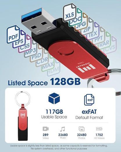 MOSDART 128GB USB3.1 Fast Speed C and A Dual Flash Drive, exFAT Memory Stick with Keychain and LED Indicator, for iPhone 15,16,17, Android Phone, iPad, MacBook, and Other Laptops, Red