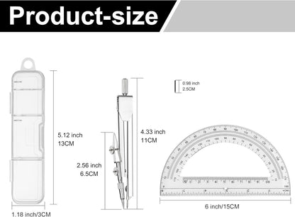 6 Sets Compass and Protractor Sets Student Basics Geometry Math Set Metal Compass and 6 Inch 180 Degree Protractors Geometry Graphing Drawing Tools for Office and School Supplies(Clear)