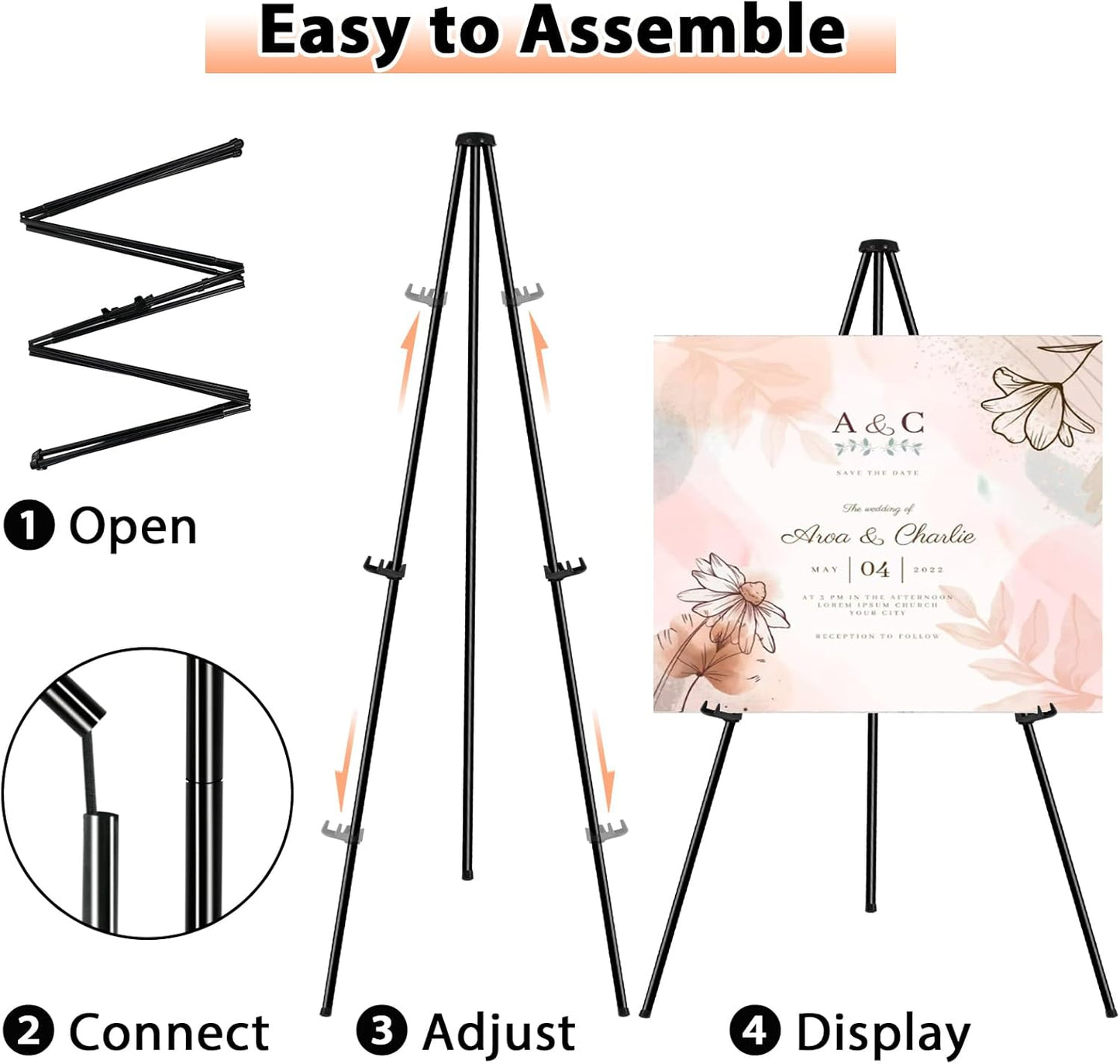 Instant Display Easel Stand & 63" Portable Artist Floor Easels - Easy Folding Telescoping Adjustable Art Poster Metal Easels for Painting Canvas, Wedding Signs, Posters (6 Pack)