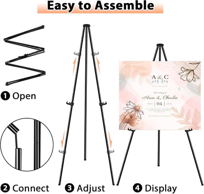 Easel Stand for Display Wedding Sign - 63" Foldable Easel Portable Artist Floor Easel - Easy Folding Telescopic Adjustable Art Poster Metal Stand (2 Pack)
