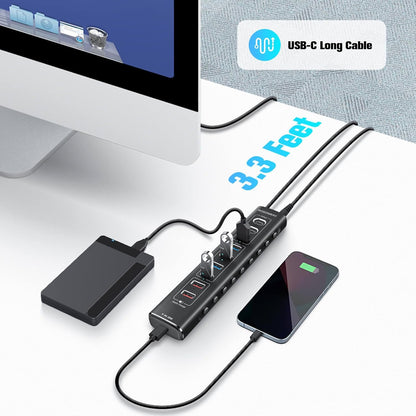Rosonway 10-Port Powered USB 3.2/USB C Hub 60W with 3x10Gbps USB-3.2 Ports (2C + 1A), 4 USB 3.0 Data Ports, 1 USB-C PD and 2 USB-A Fast Charging Ports, Aluminum USB Splitter for Laptop/PC, RSH-A10QPD