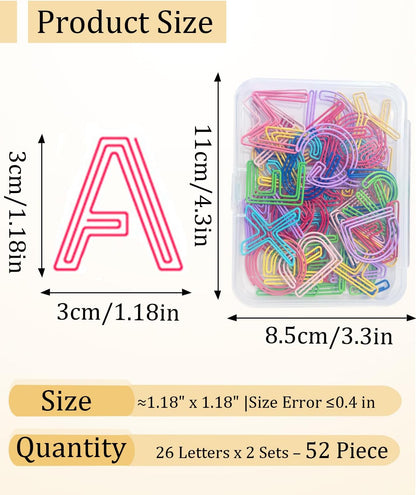 52 Pcs A-Z Stainless Steel Paper Clips - Alphabet Letter Clips for Office & School with Storage Box Assorted Color (26 Letters)