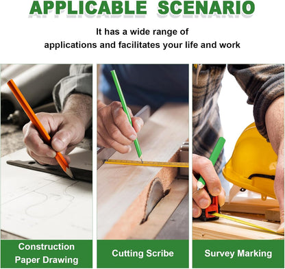 Honoson 200 Pcs Flat Construction Pencils with Printed Ruler Wood Graphite 2 Pcs Carpenter Pencil Sharpener for Woodworking Marking Tool(Green and Orange)