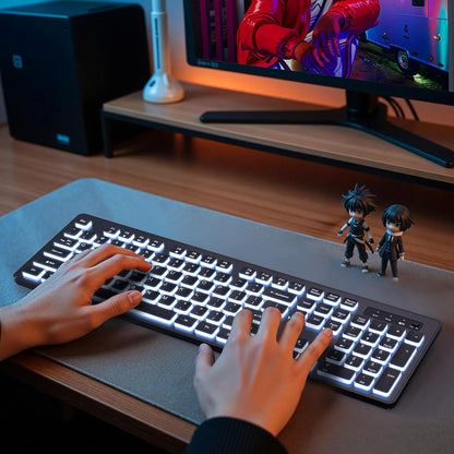 Backlit Wireless Keyboard, 2.4G Silent Wireless Light Up Keyboard, Full Size Computer Keyboards with 7 Colored Backlits, Rechargeable Keyboards for Windows, PC, Laptop (Black, Normative)