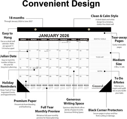 GuassLee Desk Calendar 2026-2027, 3 Packs, 18 Months Calendar 17" × 11.5" Desk Calendar from January. 2026 to June. 2027 with Julian Date, To-do List, Notes, Monthly Goals, for Home School Office