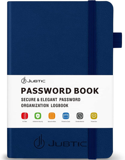 JUBTIC Password Book with Alphabetical Tabs Small Password Keeper with Inner Pocket Record Log in Internet Address Password Notebook Journal Hardcover Password Organizer for Home Office, Blue