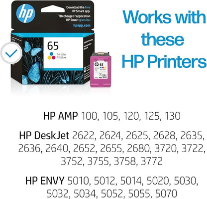 HP 65 Tri-Color Ink Cartridge | Works with AMP 100, DeskJet 2600, 3700; Envy 5000 | Eligible for Instant Ink | N9K01AN