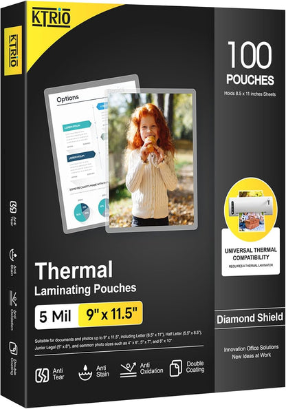 KTRIO Laminating Sheets 5 Mil, Hold 8.5 x 11 inches Sheet, 100 Pack, Clear Thermal Laminate Pouches for Laminator, 9 x 11.5 inches Lamination Sheets for School, Home & Office
